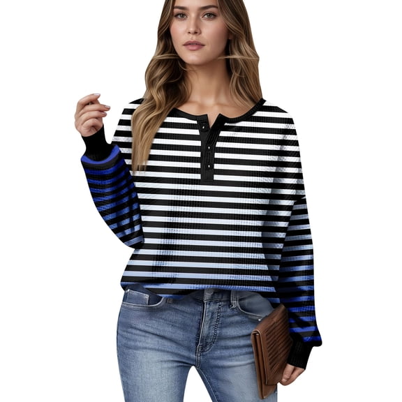 Women's Casual Shirts Long Sleeve Tops Button Up V Neck Loose Knit Fall Favorites For Women with Retro Print Waffle Henley Shirt, Vintage Design Fall Fashion,Navy,S