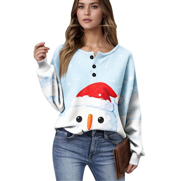 Women's Casual Shirts Long Sleeve Tops Button Up V Neck Loose Knit Fall Favorites For Women with Snowman Christmas Print for Winter and Christmas Themes,Light Blue,2XL