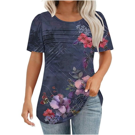 Women's Casual Shirts Summer Short Sleeve T-Shirts Fashion Floral Prints Chest Pleated Blouses Lightweight Loose Round Neck Outdoor Beach Vacation Pullover Top