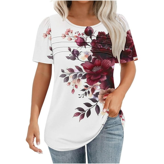 Women's Casual Shirts Summer Short Sleeve T-Shirts Fashion Floral Prints Chest Pleated Blouses Lightweight Loose Round Neck Outdoor Beach Vacation Pullover Top