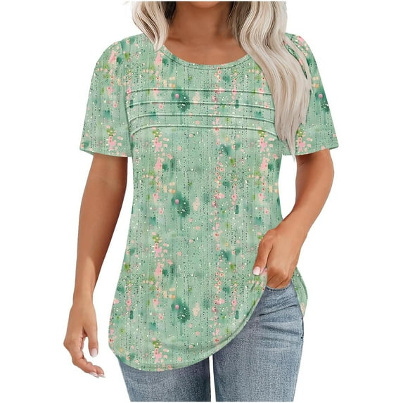 Women's Casual Shirts Summer Short Sleeve T-Shirts Fashion Floral Prints Chest Pleated Blouses Lightweight Loose Round Neck Pullover Top