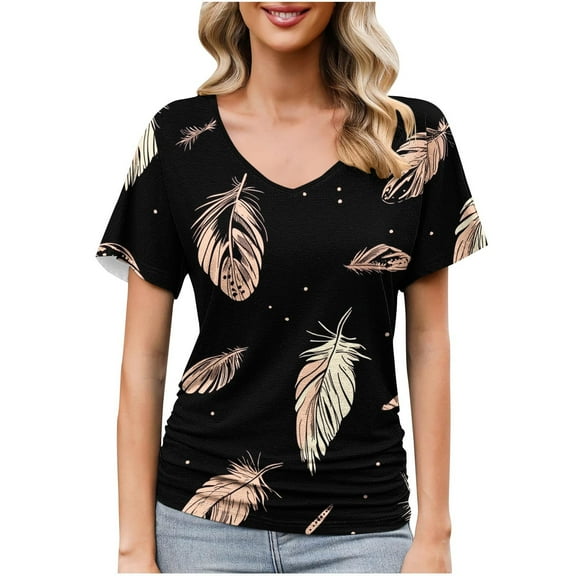 Women's Casual Shirts Summer V Neck Short Sleeve T-Shirts Fashion Print Loose Blouses Pullover Spring Tunic Tops for Women
