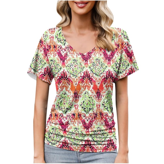 Women's Casual Shirts Summer V Neck Short Sleeve T-Shirts Fashion Vintage Print Loose Blouses Pullover Spring Tunic Tops for Women