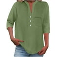 thumbnail image 1 of Women's Casual Shirts with Pocket V Neck Button 3/4 Sleeve Basic Tee Casual Loose Fit Solid Color Tops (S, Army Green), 1 of 7