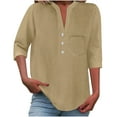 thumbnail image 1 of Women's Casual Shirts with Pocket V Neck Button 3/4 Sleeve Basic Tee Casual Loose Fit Solid Color Tops (S, Khaki), 1 of 7