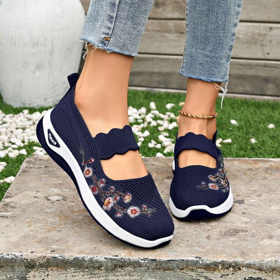 Women's Casual Shoes, Breathable Embroidered Design, Lightweight Slip On Loafers, Round Toe Comfortable Flats