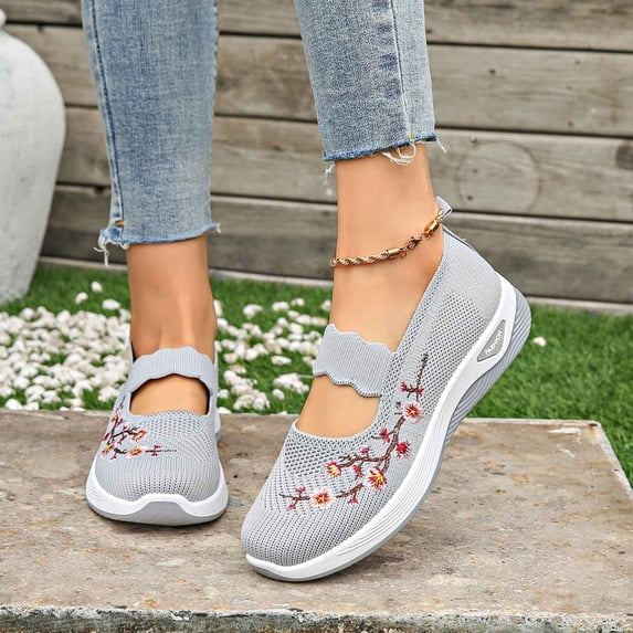 Women's Casual Shoes, Breathable Embroidered Design, Lightweight Slip On Loafers, Round Toe Comfortable Flats