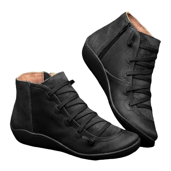 Women's Casual Short Ankle Boots Arch Support Fashion Booties Side Zipper Flat Shoes for Fall Winter Daily Wear Black Size 5.5