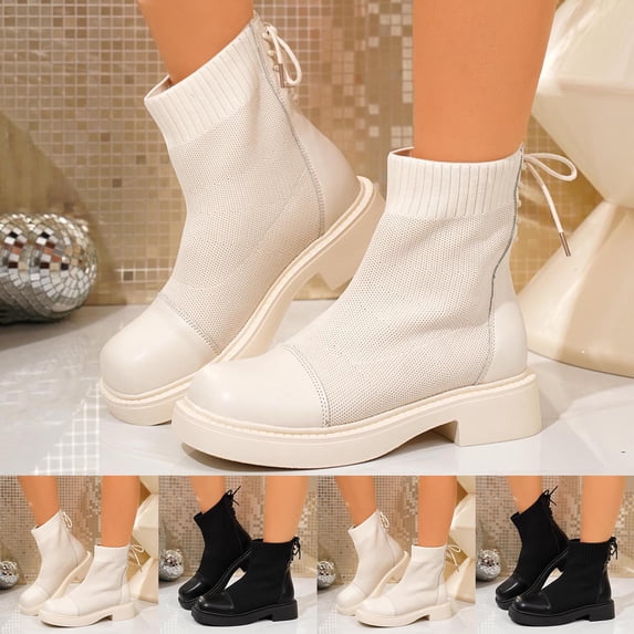 Women's Casual Short Ankle Boots Chunky Heel Round Toe Breathable Knit & Faux Leather Upper Everyday Wear
