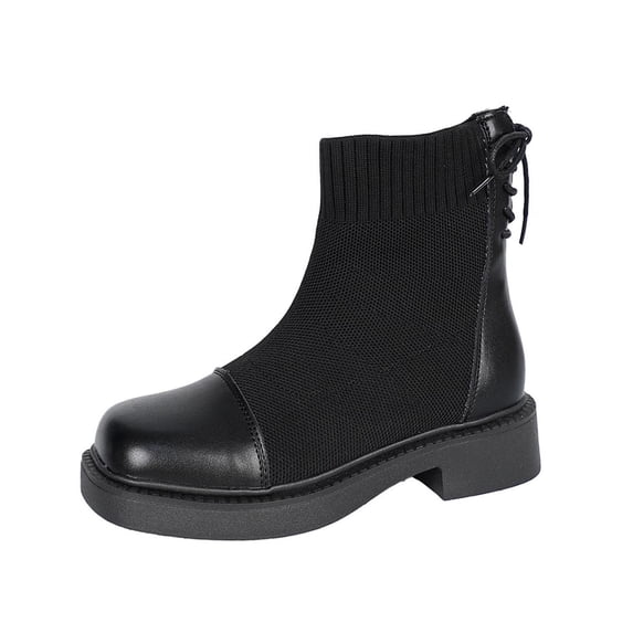 Women's Casual Short Ankle Boots Chunky Heel Round Toe Breathable Knit & Faux Leather Upper Everyday Wear