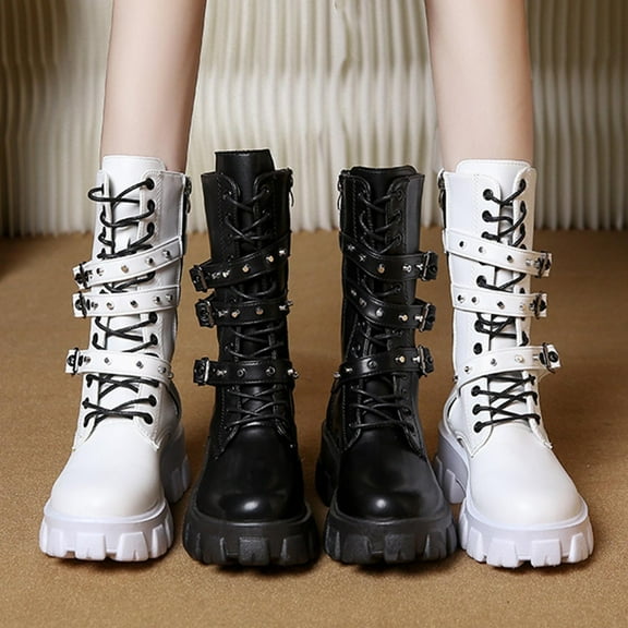 Women's Casual Short Barrel Boots British Style Thick Sole Round Toe Lace-Up Buckle Mid-Calf Footwear for Outdoor Indoor Fashion