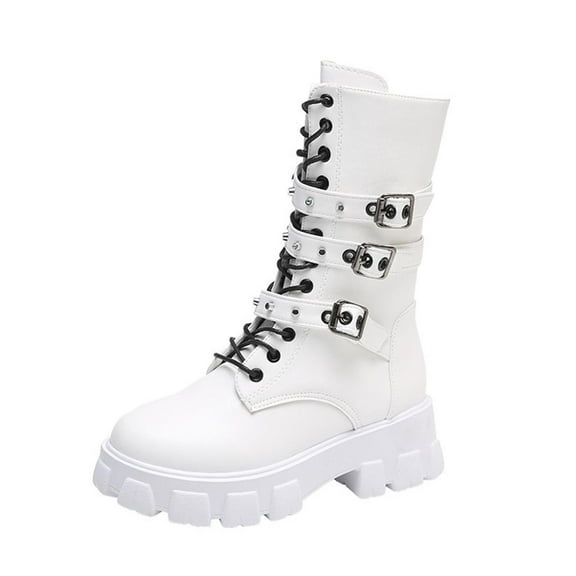 Women's Casual Short Barrel Boots British Style Thick Sole Round Toe Lace-Up Buckle Mid-Calf Footwear for Outdoor Indoor Fashion