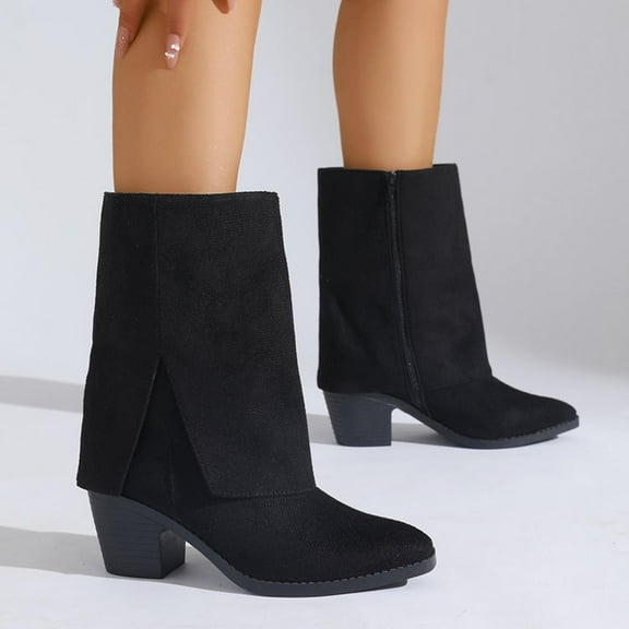 Women's Casual Short Boots Comfortable Mid-Calf Solid Color Round Toe Side Zipper Flap Cuff Block Heel Stylish Footwear