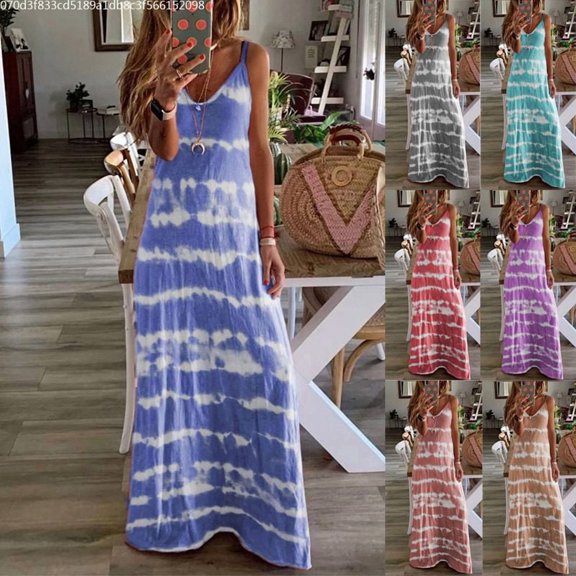 Gustave Women's Casual Tie Dye Short Dress Crewneck Sleeveless Midi Dresses Summer Loose T Shirt Tank Beach Sundress "Light Green, 2XL"