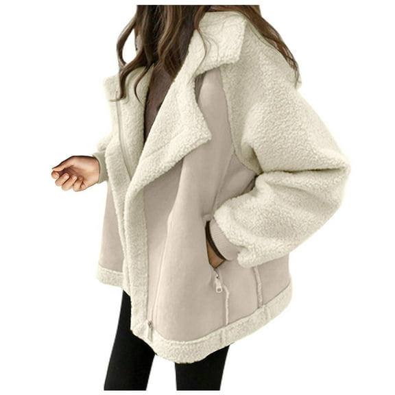 Women's Casual Short Lambswool Biker Jacket - Versatile Fleece Outerwear, Beige, M