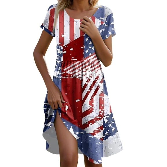Women's Casual Short Sleeve American Flag Stars & Stripes Print Midi Dress, Summer Patriotic Comfortable Beach Sundress with Round Neck for 4th of July,Blue 2XL