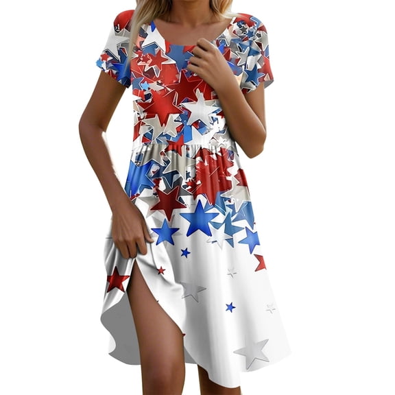 Women's Casual Short Sleeve American Flag Stars & Stripes Print Midi Dress, Summer Patriotic Comfortable Beach Sundress with Round Neck for 4th of July,Dark Gray XL