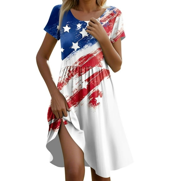 Women's Casual Short Sleeve American Flag Stars & Stripes Print Midi Dress, Summer Patriotic Comfortable Beach Sundress with Round Neck for 4th of July,Ginger M
