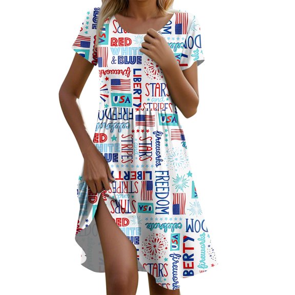 Women's Casual Short Sleeve American Flag Stars & Stripes Print Midi Dress, Summer Patriotic Comfortable Beach Sundress with Round Neck for 4th of July,Light Blue S
