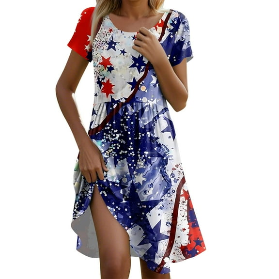 Women's Casual Short Sleeve American Flag Stars & Stripes Print Midi Dress, Summer Patriotic Comfortable Beach Sundress with Round Neck for 4th of July,Navy XL
