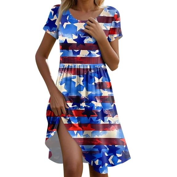 Women's Casual Short Sleeve American Flag Stars & Stripes Print Midi Dress, Summer Patriotic Comfortable Beach Sundress with Round Neck for 4th of July,Royal Blue 2XL