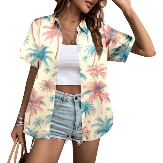 Women's Casual Short Sleeve Blouse with Tropical Coconut Tree Print for Holiday and Comfortable Long/Short Sleeve Tee Shirts for Men Beach Tops Casual Shirt