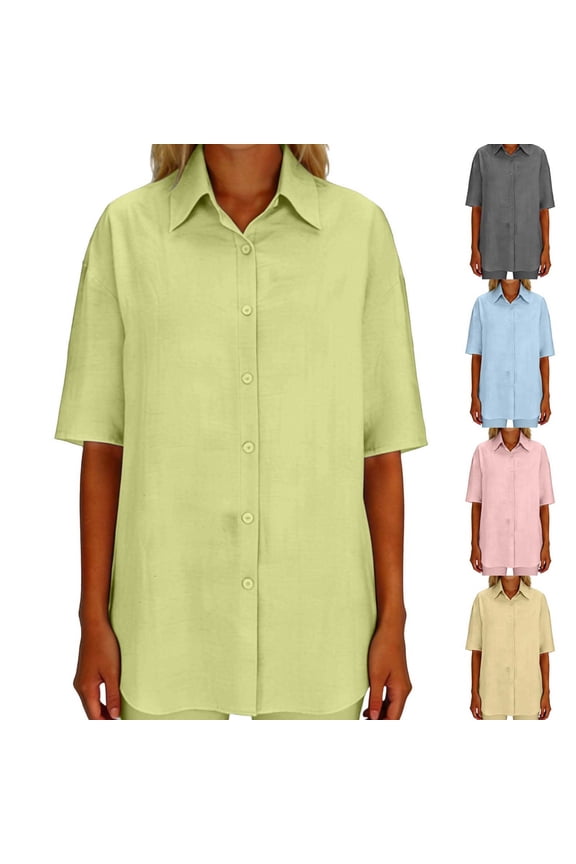 Women's Casual Short Sleeve Button Down Collar Shirt Tops Blouses Tees Solid Color Plain Stylish Concealed Placket Loose Fit Soft Comfortable for Business Casual Work Office Vacation Beach Travel Out