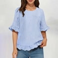 thumbnail image 1 of Women's Casual Short Sleeve Button-Down Shirt with Striped Back and Ruffled Round Neck, 1 of 7