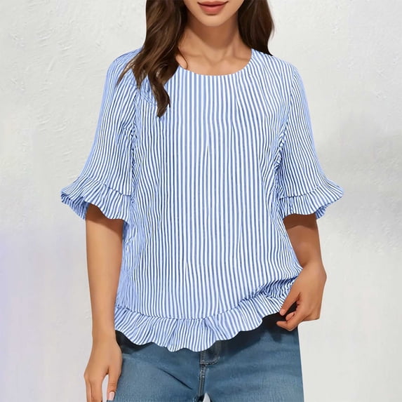 Women's Casual Short Sleeve Button-Down Shirt with Striped Back and Ruffled Round Neck