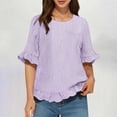 thumbnail image 1 of Women's Casual Short Sleeve Button-Down Shirt with Striped Back and Ruffled Round Neck, 1 of 7