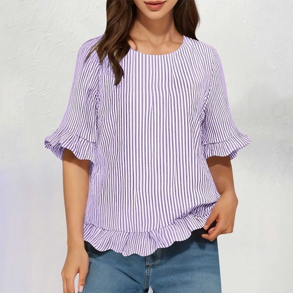 Women's Casual Short Sleeve Button-Down Shirt with Striped Back and Ruffled Round Neck