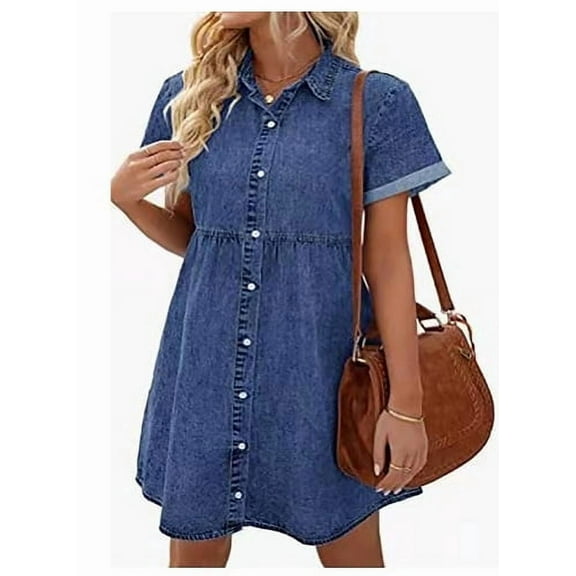 ZANKLEY Women's Short Sleeve Button Down Flowy Tiered Babydoll Denim Dress
