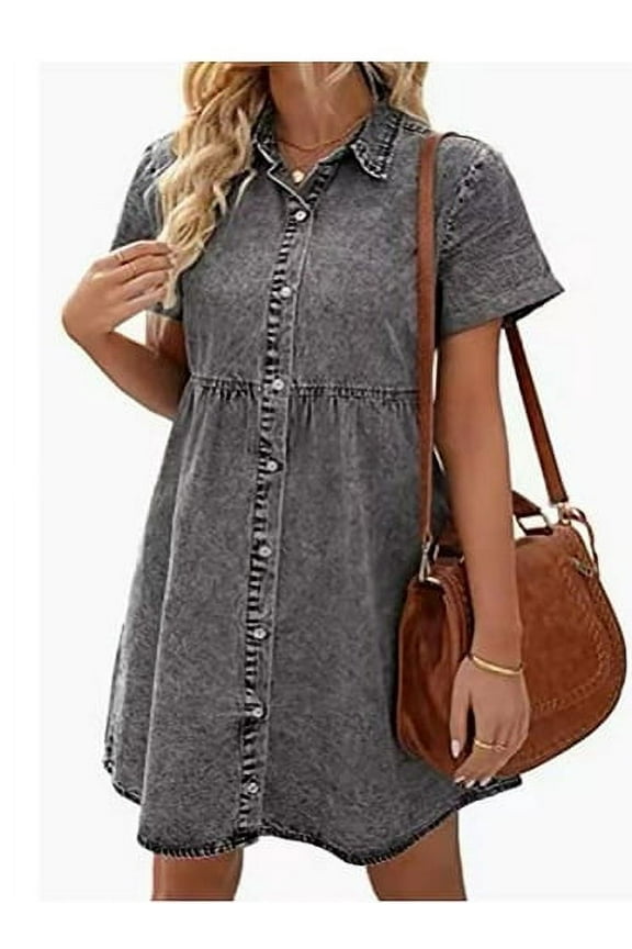 Women's Short Sleeve Button Down Flowy Tiered Babydoll Denim Dress