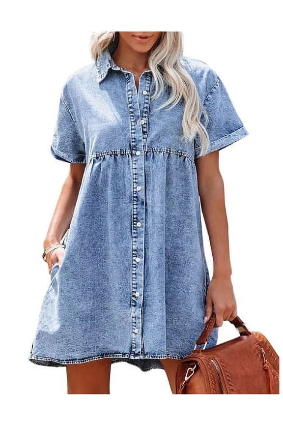 Women's Short Sleeve Button Down Flowy Tiered Babydoll Denim Dress