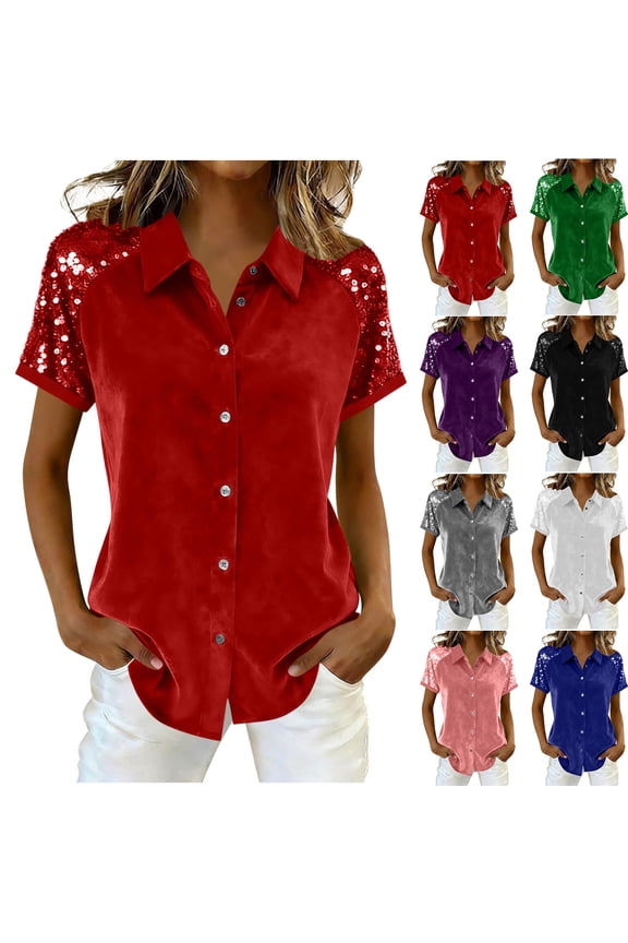 Women's Casual Short Sleeve Button Down Shirt Blouse Top with Turndown Collar Loose Fit Solid Color Soft Fabric for Business Office Work Vacation and Daily Wear Fashion Essential