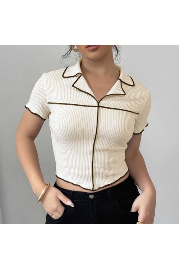 Women's Casual Short Sleeve Button Down Shirt With Classic Collar And Black Trim Pure Color Summer Blouse For Daily Wear Long Sleeve Women Running Shirt Denim Shirts for Juniors Super Tight Sleeve