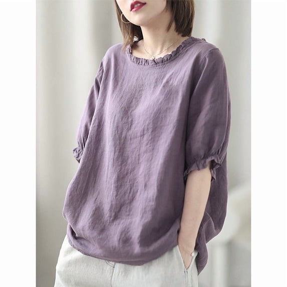 Women's Casual Short Sleeve Button Down Tunic Top Blouse T-Shirt Solid Color Linen Look Loose Fit for Daily Wear Business Casual Office Vacation Fashion Essential Gift for Women