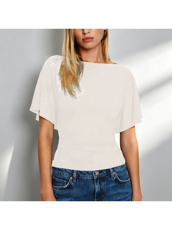 Women's Casual Short Sleeve Cinched Waist Top, Boat Neck Ruched Tee Shirt, Trendy Going Out Blouse for Summer Daily Wear White L