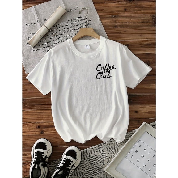 Women's Casual Short Sleeve Crew Neck T-Shirt - Coffee Club Graphic Print with Coffee Cup & Hand Illustrations 100% Cotton All-Season Comfort Relaxed Fit Top Playful Illustration
