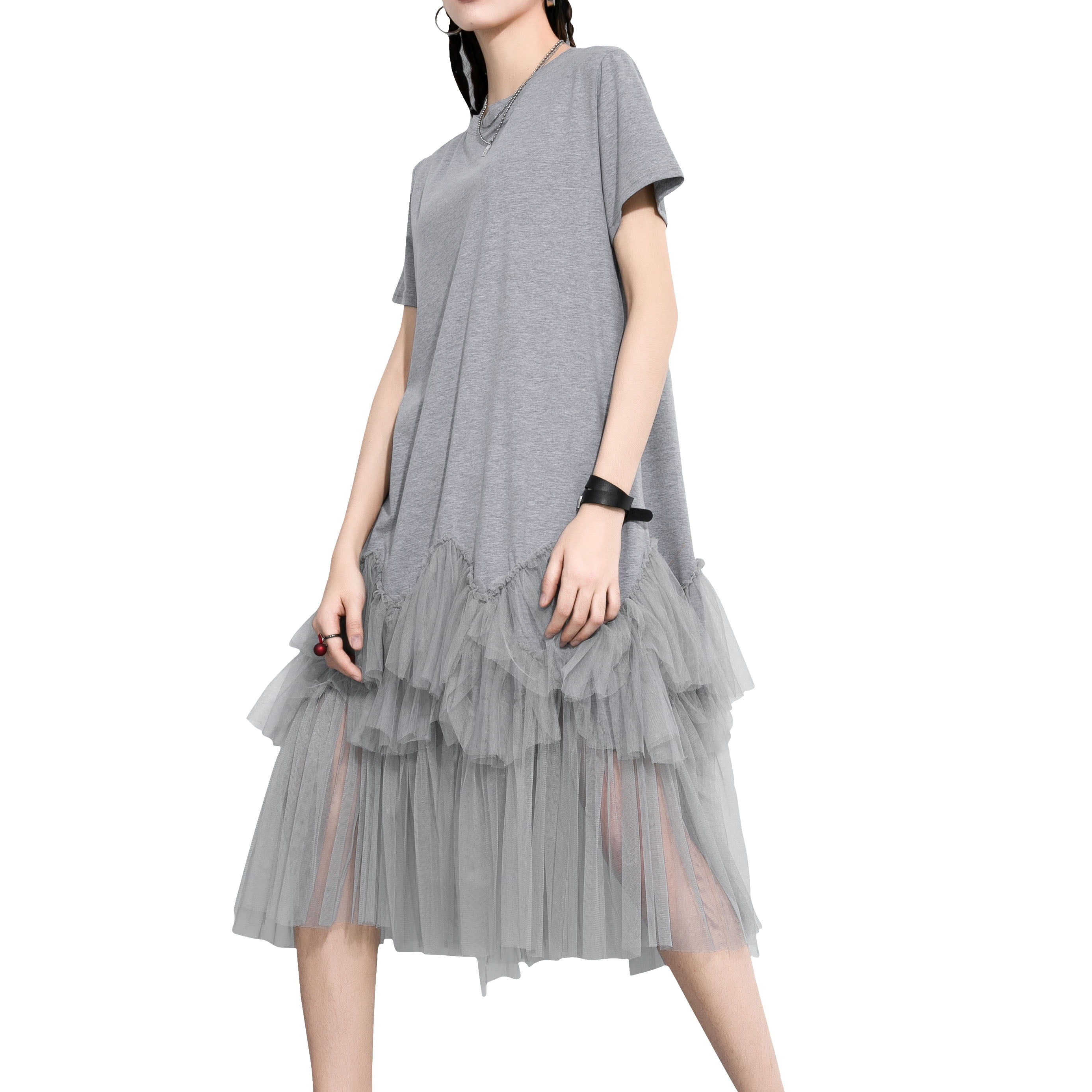 grey tutu dress Women's Casual Short Sleeve Crew Neck Tulle with an Oversized Fit GY2266 YGroup_AM-BS-11304
