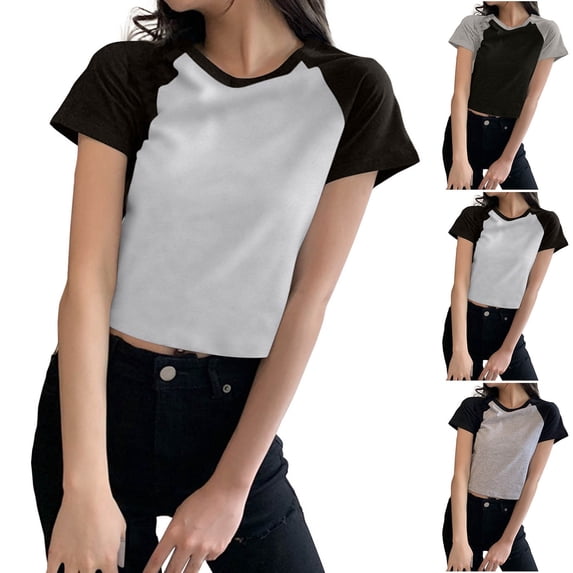 Women's Casual Short Sleeve Crewneck Contrast Color T Shirt Soft Comfy Top Versatile Daily Wear Weekends | CSEONE,Gray XL