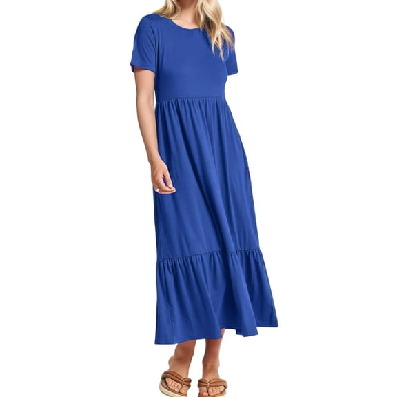 Women's Casual Short Sleeve Crewneck Dress Maxi Beach Dress with PocketsSleeve Loose Blouses Shirts Tops
