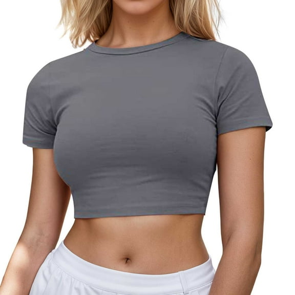 Women's Casual Short Sleeve Crop T Shirt Round Neck Basic Solid Top for Spring Summer Everyday Wear Fall Fashion,Color:Grey,Size:S