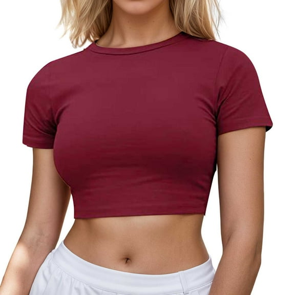Women's Casual Short Sleeve Crop T Shirt Round Neck Basic Solid Top for Spring Summer Everyday Wear Fall Fashion,Color:,Size:XS
