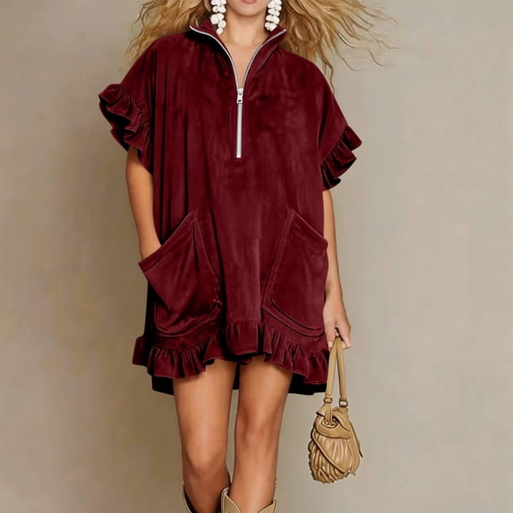 Women's Casual Short Sleeve Dress with Turndown Collar and Zipper Pocket