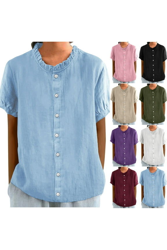 Women's Casual Short Sleeve Lace Up Button Down Shirt Blouse Tops with Round Neck Solid Color Hollow Out Design for Daily Wear Work Office Vacation Fashion Essential | Ihhddx,Army Green L