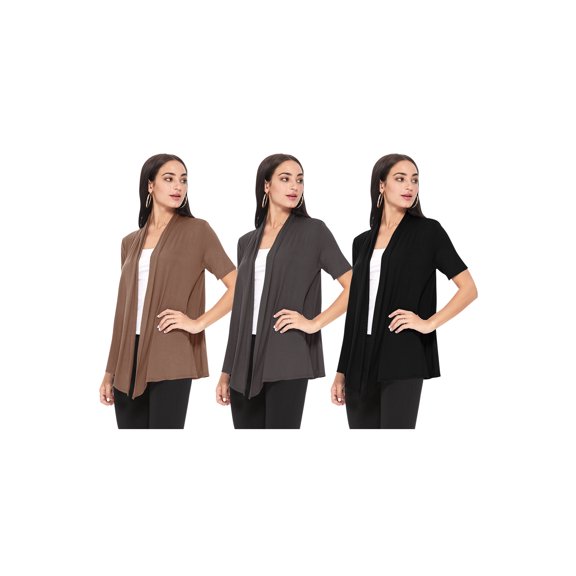 Women's Casual Short Sleeve Lightweight Loose Fit Solid Stretch Cardigan (Pack of 3)