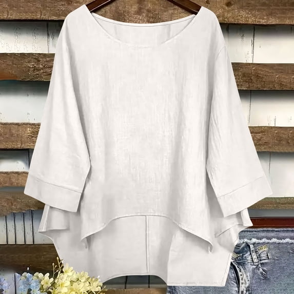 Women's Casual Short Sleeve Linen-Look Top with Embroidery Detail, V-Neck T-Shirt for Spring and Summer