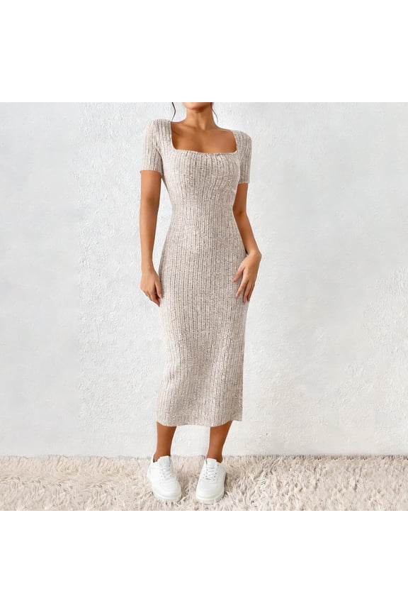 Women's Casual Short Sleeve Midi Bodycon Dress Square Neck Ribbed Knit High Slit Form Fitting Sheath Dress Stretchy Breathable Party Club Night Out Daily Fashion Dress