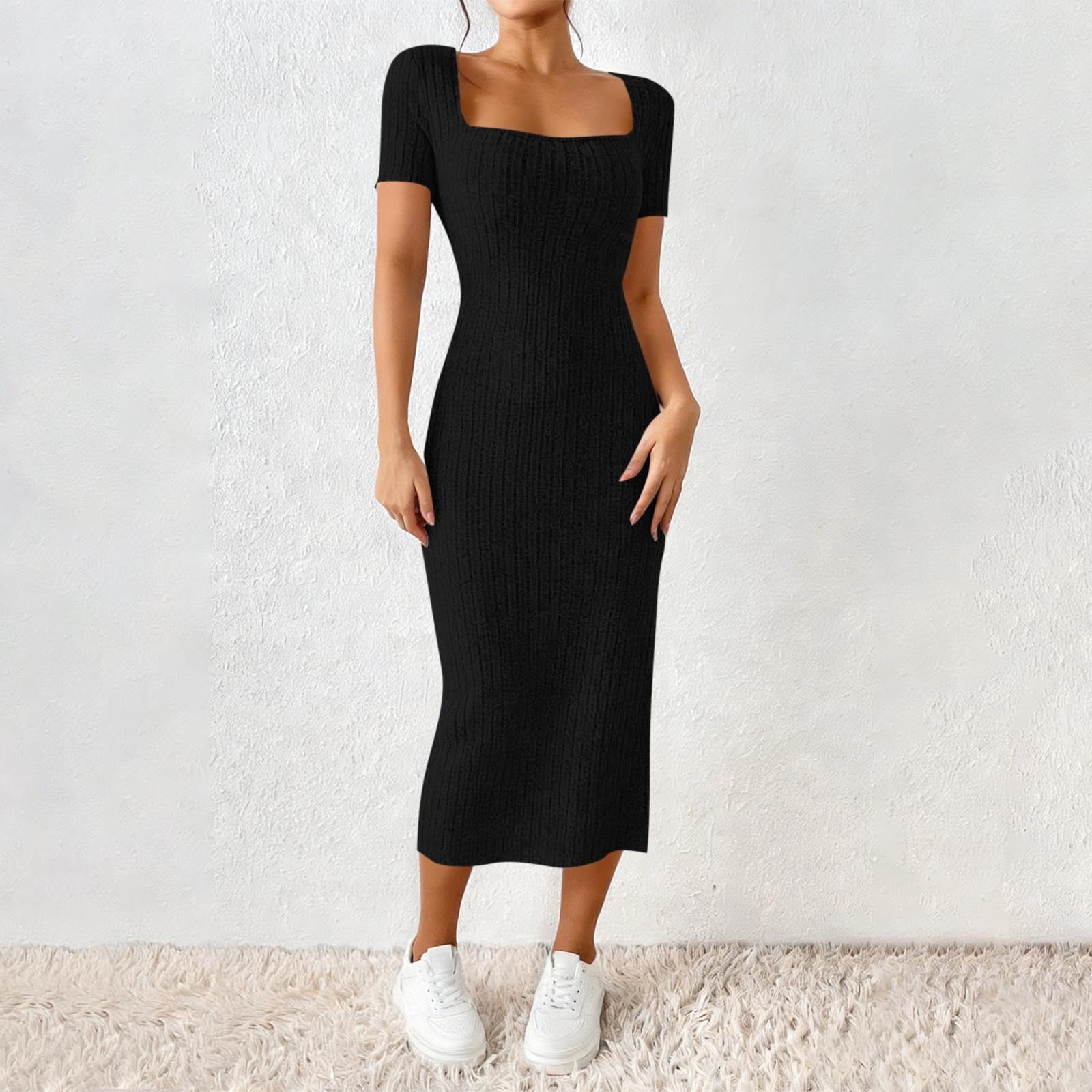 fitted rib-knit square-neck midi dress for women Women's Casual Short Sleeve Midi Bodycon Dress Square Neck Ribbed Knit High  Slit Form Fitting Sheath Dress Stretchy Breathable Party Club Night Out  Daily Fashion Dress